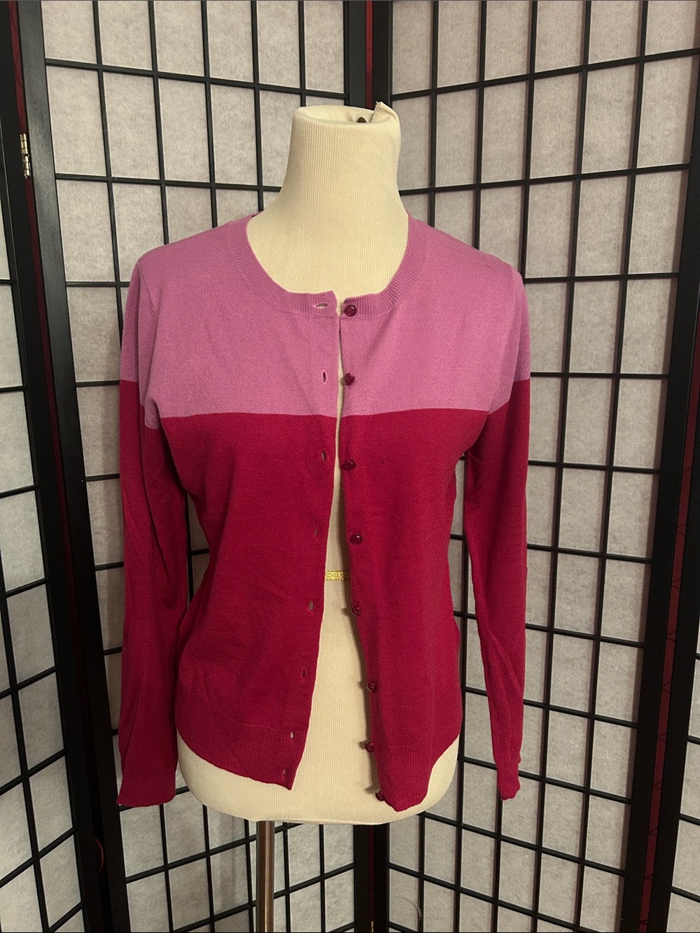 New York & Company Two-Tone Pink and Berry Crewneck Cardigan